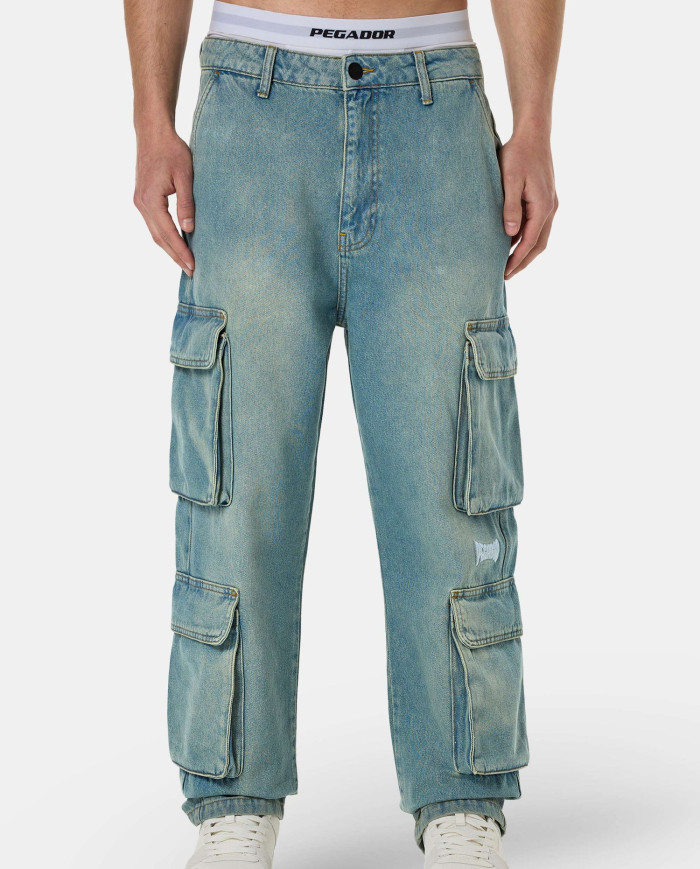 Romain Wide Denim Cargo Pants - Washed Vintage Blue