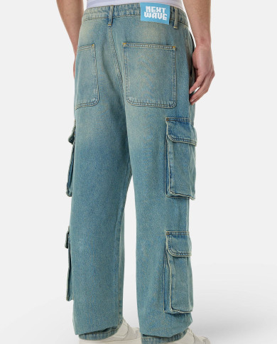 Romain Wide Denim Cargo Pants - Washed Vintage Blue