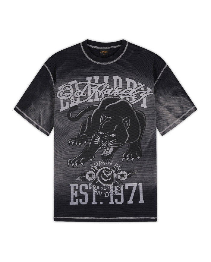 Ed Hardy - Washed Waffle Panther Graphic Relaxed T-Shirt - Black