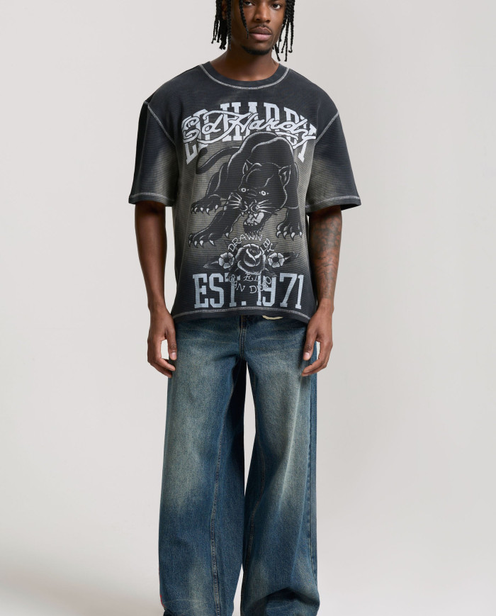 Ed Hardy - Washed Waffle Panther Graphic Relaxed T-Shirt - Black
