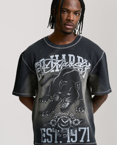 Ed Hardy - Washed Waffle Panther Graphic Relaxed T-Shirt - Black