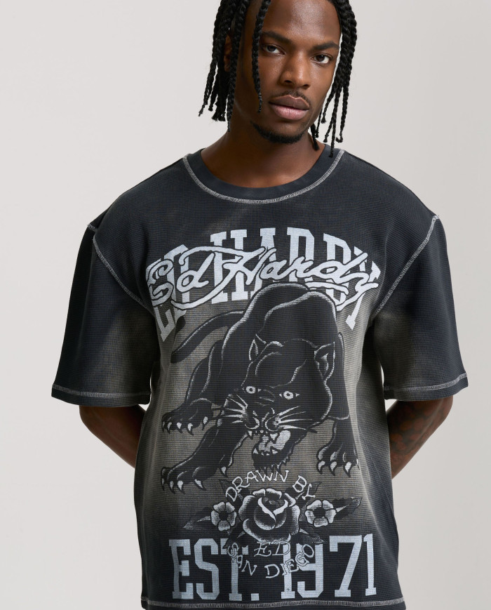 Ed Hardy - Washed Waffle Panther Graphic Relaxed T-Shirt - Black