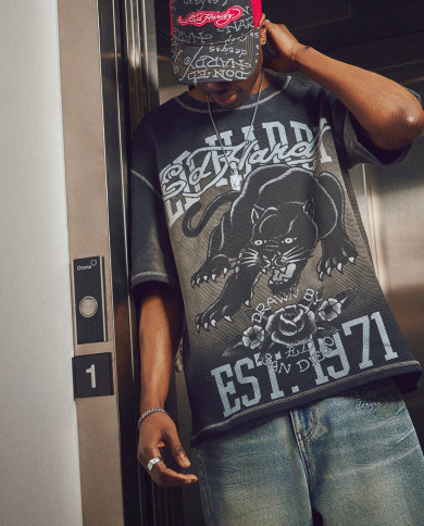 Ed Hardy - Washed Waffle Panther Graphic Relaxed T-Shirt - Black