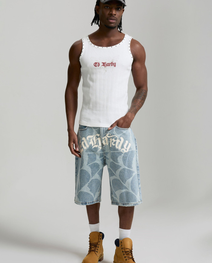 Ed Hardy - Gothic Ed Hardy Cobweb Denim Jorts - Bleach