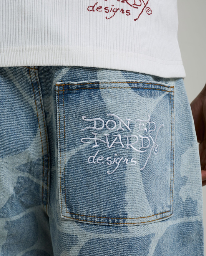 Ed Hardy - Gothic Ed Hardy Cobweb Denim Jorts - Bleach