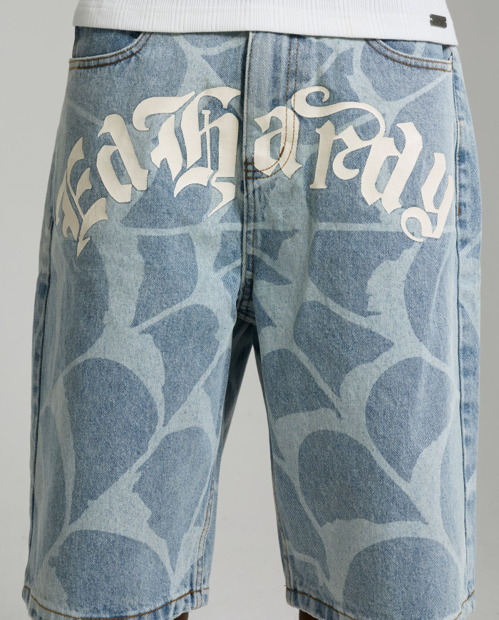 Ed Hardy - Gothic Ed Hardy Cobweb Denim Jorts - Bleach
