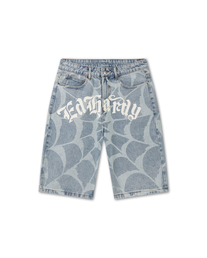 Ed Hardy - Gothic Ed Hardy Cobweb Denim Jorts - Bleach