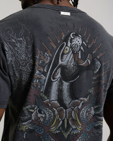 Ed Hardy - Mens Dragon Panther Graphic Regular T-Shirt - Black