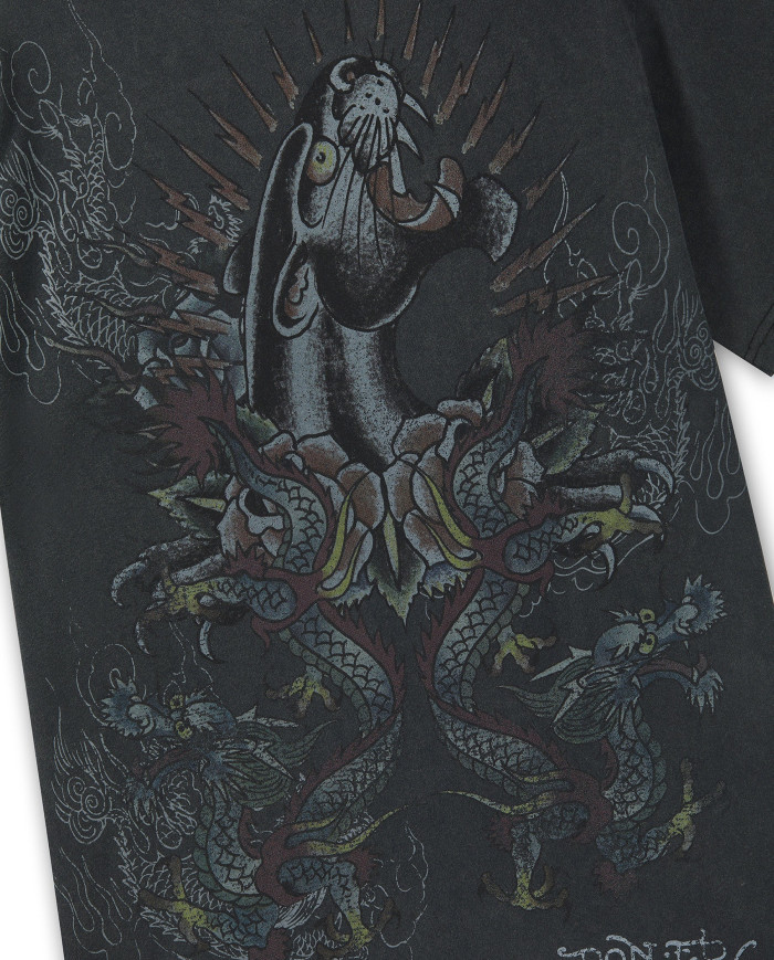 Ed Hardy - Mens Dragon Panther Graphic Regular T-Shirt - Black