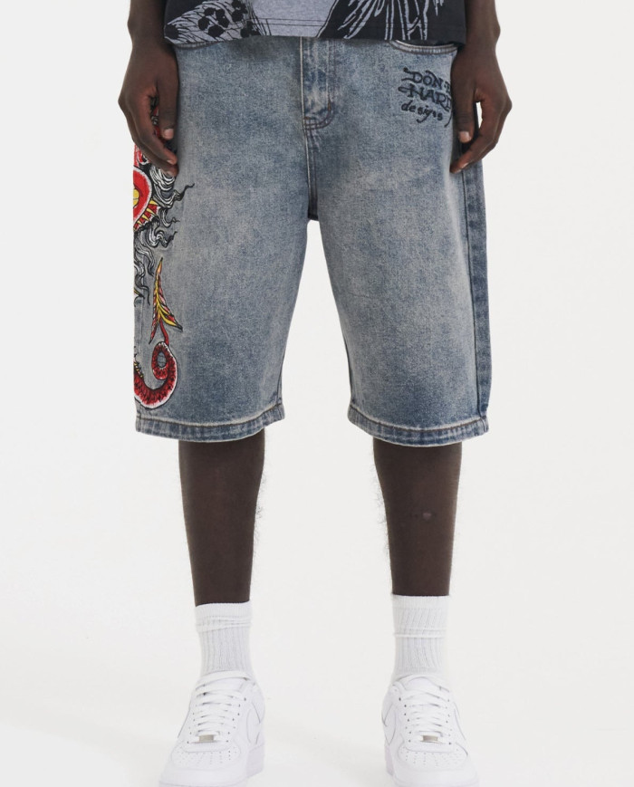 Ed Hardy - Gothic Ed Hardy Cobweb Denim Jorts - Bleach