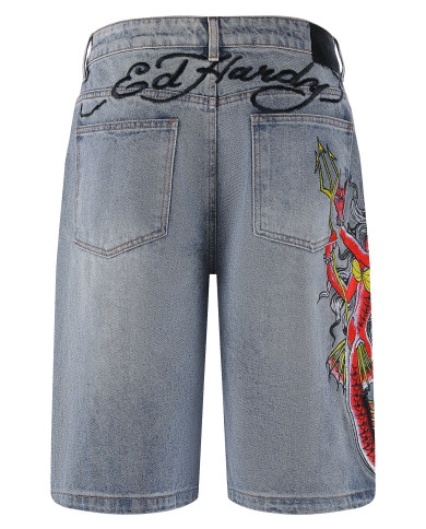 Ed Hardy - Mens Devil Mermaid Denim Jorts Shorts - Blue