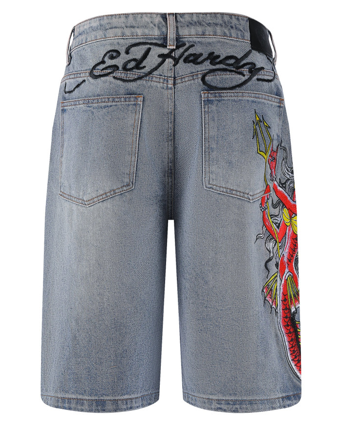 Ed Hardy - Mens Devil Mermaid Denim Jorts Shorts - Blue