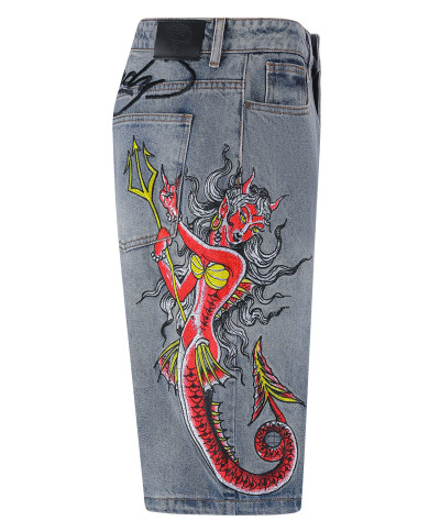 Ed Hardy - Mens Devil Mermaid Denim Jorts Shorts - Blue