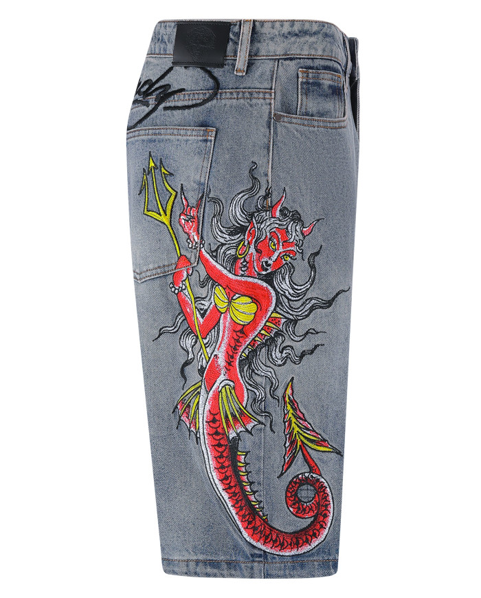 Ed Hardy - Mens Devil Mermaid Denim Jorts Shorts - Blue