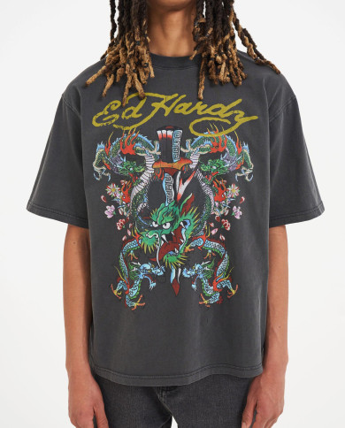 Ed Hardy - Battle Of The Dragons Tshirt - Charcoal