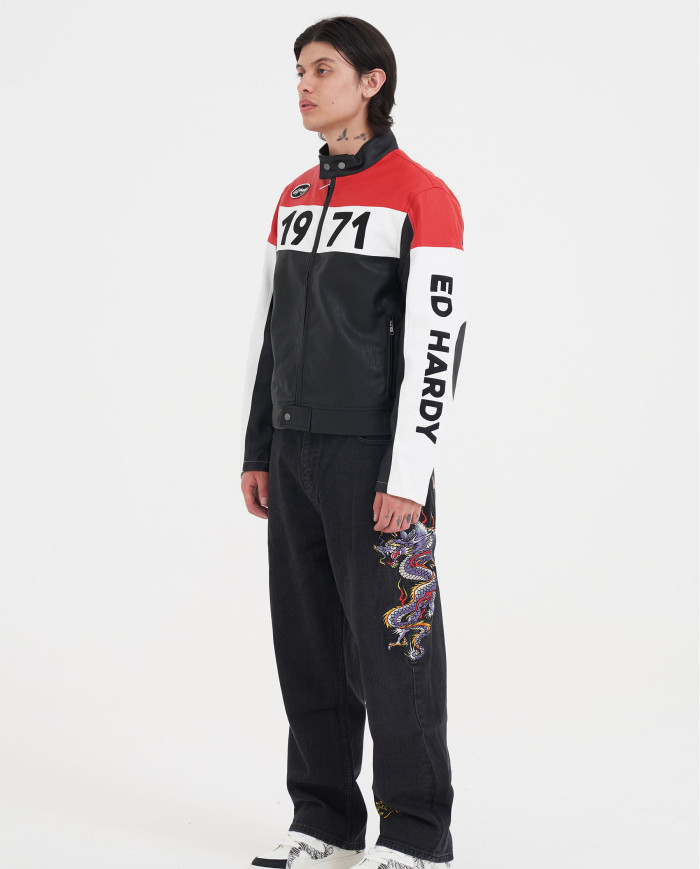 Ed Hardy - 1971 Moto Biker Jacket- Black/Red/White