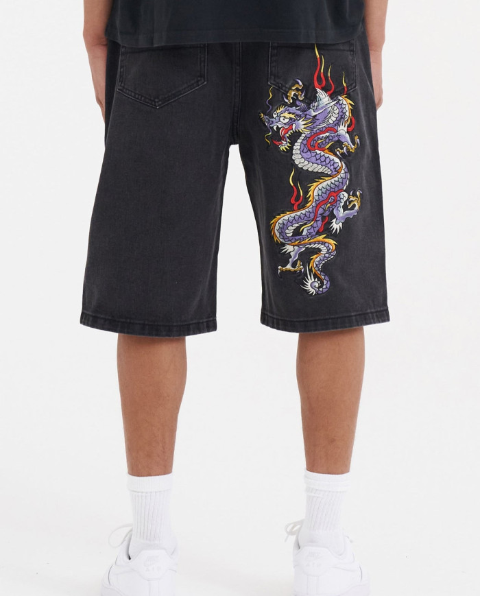 Ed Hardy - Battle Dragon Denim Jorts Shorts - Washed Black