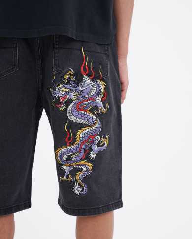 Ed Hardy - Battle Dragon Denim Jorts Shorts - Washed Black