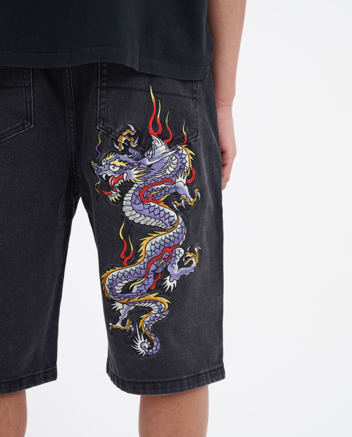 Ed Hardy - Battle Dragon Denim Jorts Shorts - Washed Black
