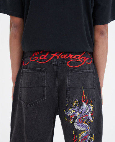 Ed Hardy - Battle Dragon Denim Jorts Shorts - Washed Black