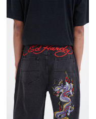 Ed Hardy - Battle Dragon Denim Jorts Shorts - Washed Black