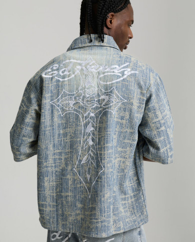 Ed Hardy - Distressed Cross Relaxed Denim Shirt - Blue