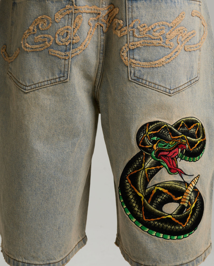 Ed Hardy - Desert Snake Relaxed Denim Jort - Blue Sand Wash