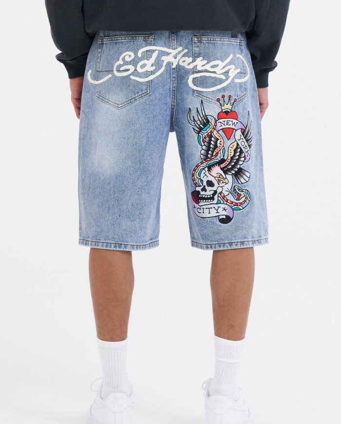 Ed Hardy - Nyc Skull Denim Jorts Shorts - Bleach