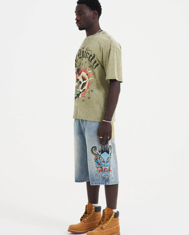 Ed Hardy - Medusa Drag Denim Skater Jorts Shorts - Bleach