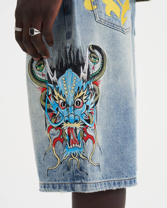Ed Hardy - Medusa Drag Denim Skater Jorts Shorts - Bleach