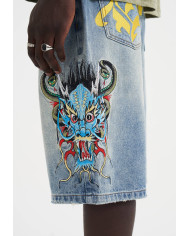 Ed Hardy - Medusa Drag Denim Skater Jorts Shorts - Bleach