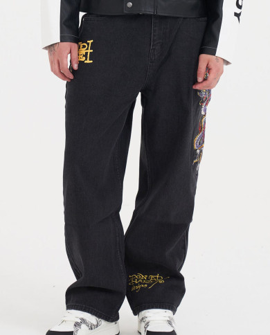 Ed Hardy - Battle Dragon Tattoo Denim Trousers Baggy Jeans - Black
