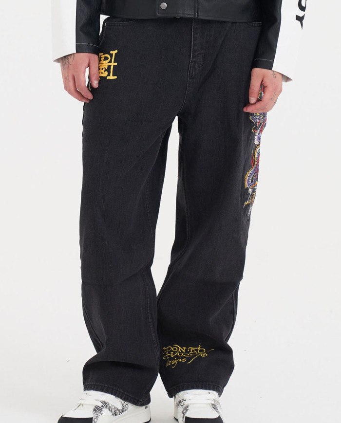 Ed Hardy - Battle Dragon Tattoo Denim Trousers Baggy Jeans - Black