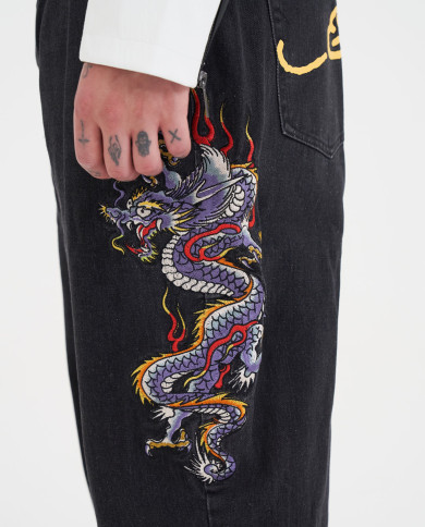 Ed Hardy - Battle Dragon Tattoo Denim Trousers Baggy Jeans - Black