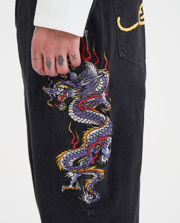 Ed Hardy - Battle Dragon Tattoo Denim Trousers Baggy Jeans - Black