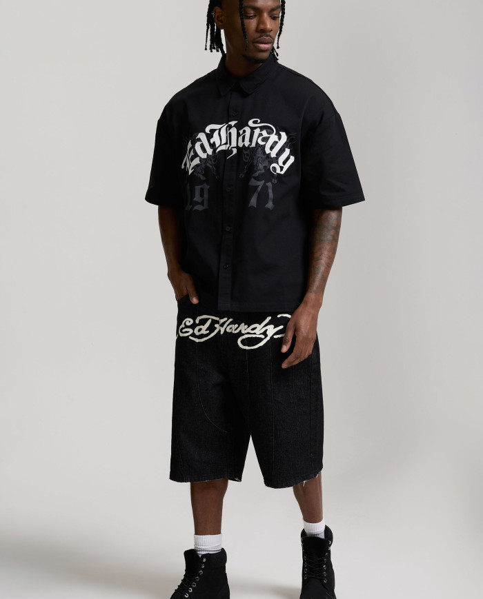 Ed Hardy - Moto Panelled Relaxed Denim Jort - Black