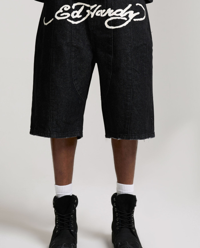 Ed Hardy - Moto Panelled Relaxed Denim Jort - Black