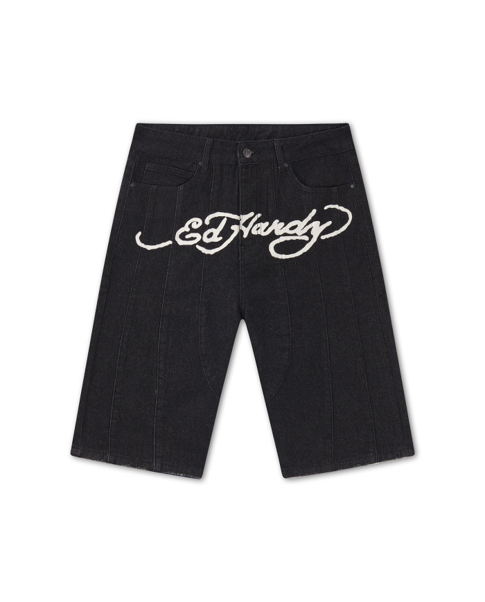 Ed Hardy - Moto Panelled Relaxed Denim Jort - Black