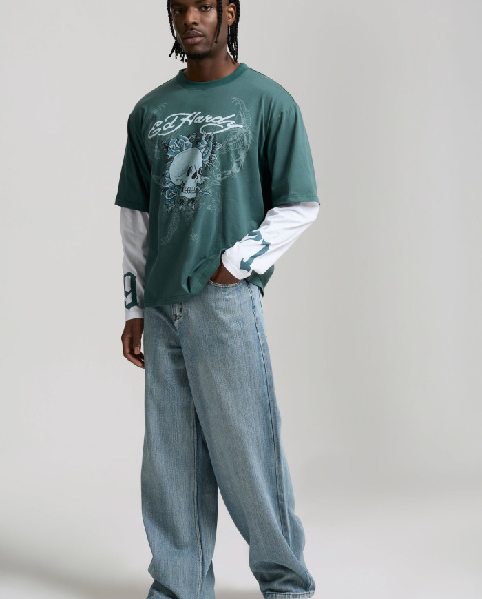 Ed Hardy - Embroidered Angel Xxtra Fit Jeans - Distressed Blue Wash