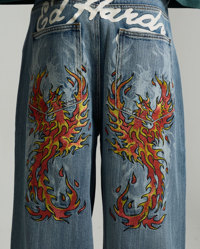 Ed Hardy - Embroidered Angel Xxtra Fit Jeans - Distressed Blue Wash