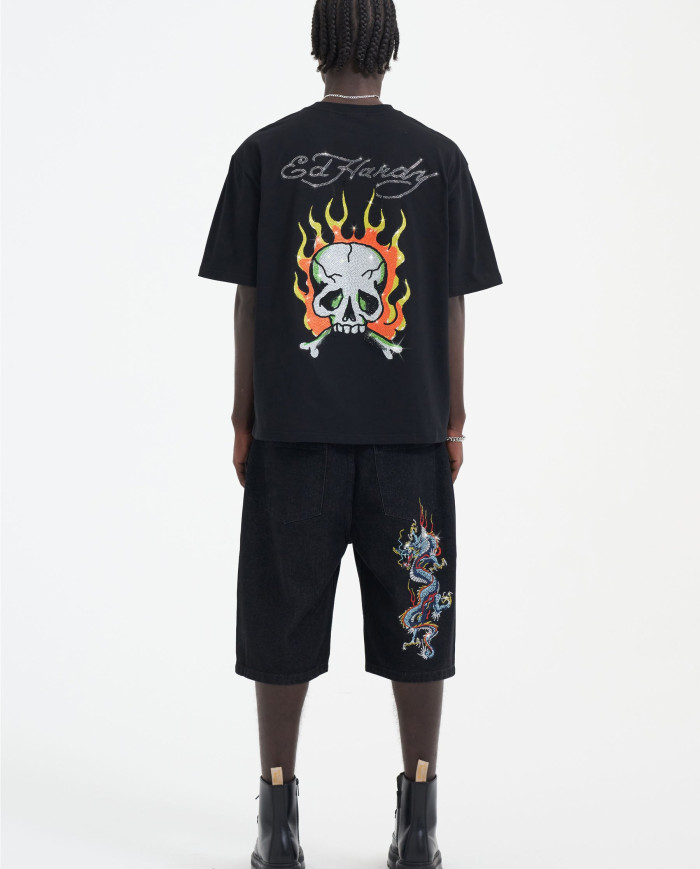Ed Hardy - Skull Flame Diamante Tshirt - Black