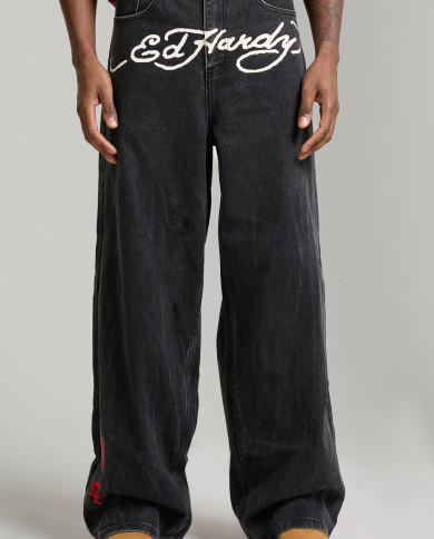Ed Hardy - Embroidered City Tiger Xxtra Jeans - Black Crease Wash