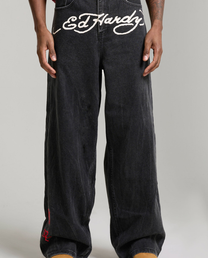 Ed Hardy - Embroidered Angel Xxtra Fit Jeans - Distressed Blue Wash