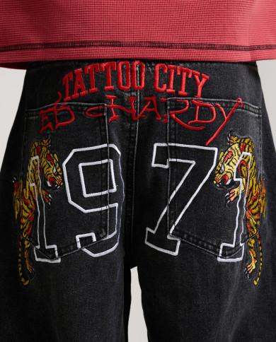 Ed Hardy - Embroidered City Tiger Xxtra Jeans - Black Crease Wash