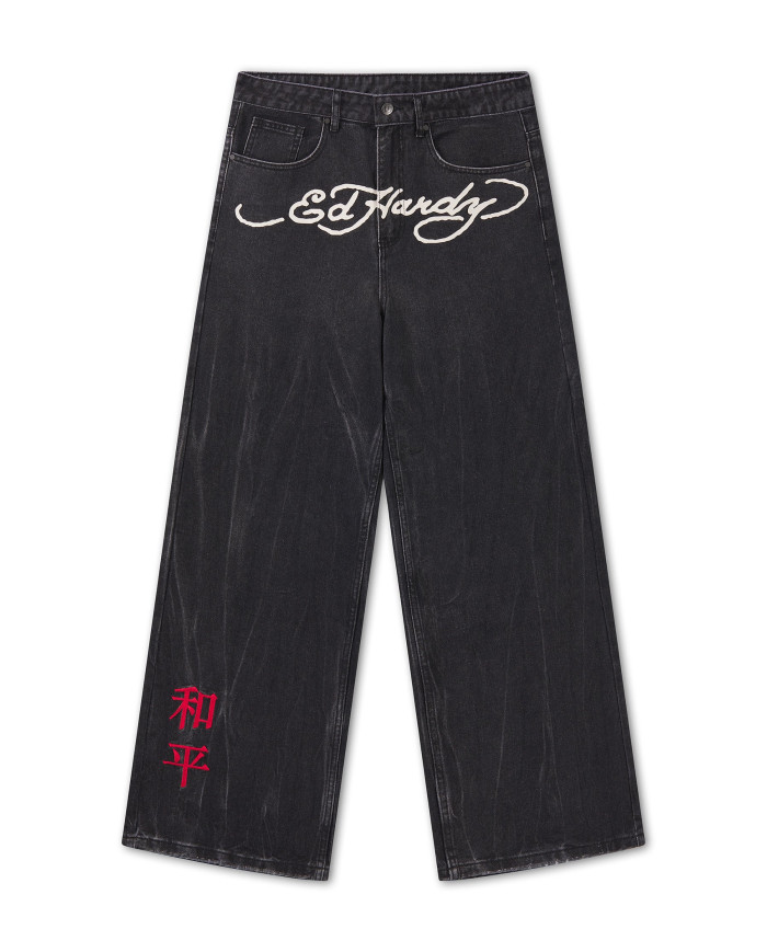 Ed Hardy - Embroidered City Tiger Xxtra Jeans - Black Crease Wash