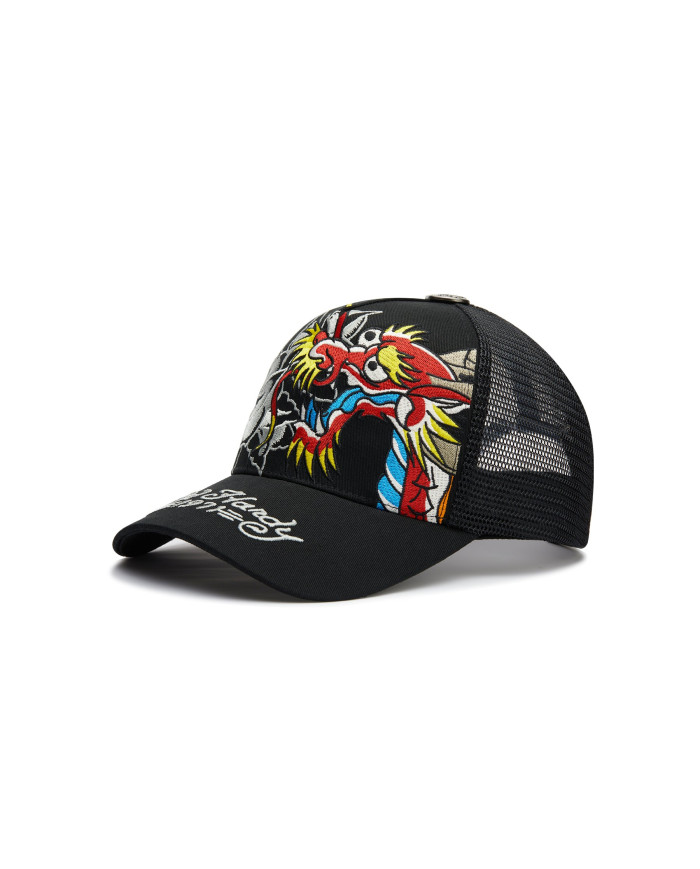 Ed Hardy - 1971 Dragon And Roses Graphic 5 Panel Trucker Cap - Black