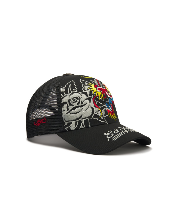 Ed Hardy - 1971 Dragon And Roses Graphic 5 Panel Trucker Cap - Black