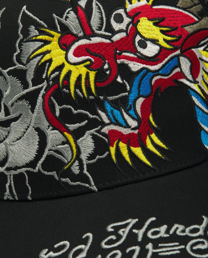 Ed Hardy - 1971 Dragon And Roses Graphic 5 Panel Trucker Cap - Black