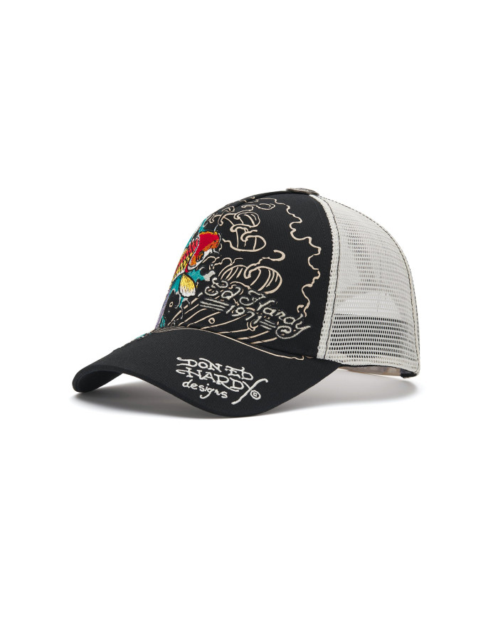 Ed Hardy - Embroidered 1971 Koi Fish 5 Panel Trucker Cap - Black