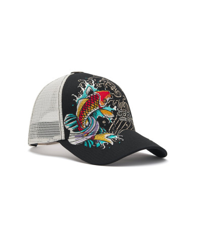 Ed Hardy - Embroidered 1971 Koi Fish 5 Panel Trucker Cap - Black
